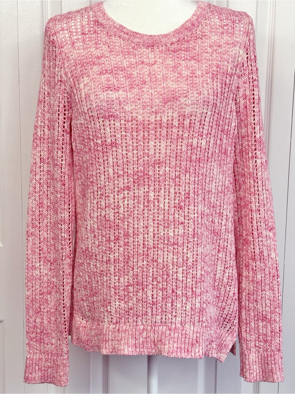 Talbots Marled Pink Open Stitch Knit Cotton Long Sleeve Sweater Medium